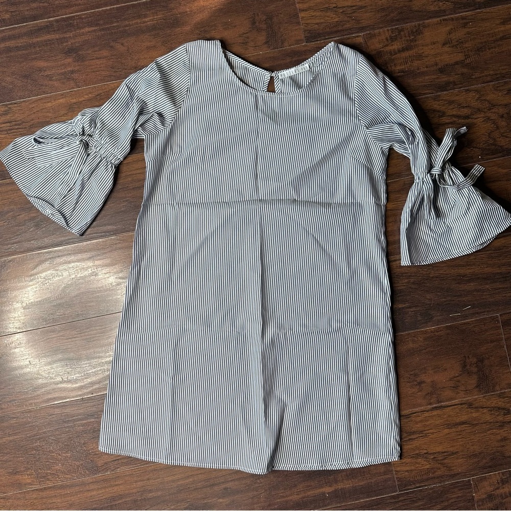 Potters Pot Striped Bow Bell Sleeves Mini Dress